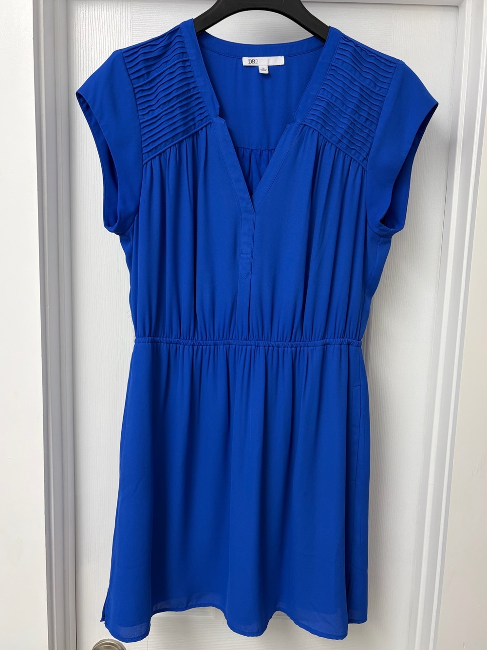 DR2 Royal Blue Cap Sleeve Pintuck V-Neck Mini Dress with pockets